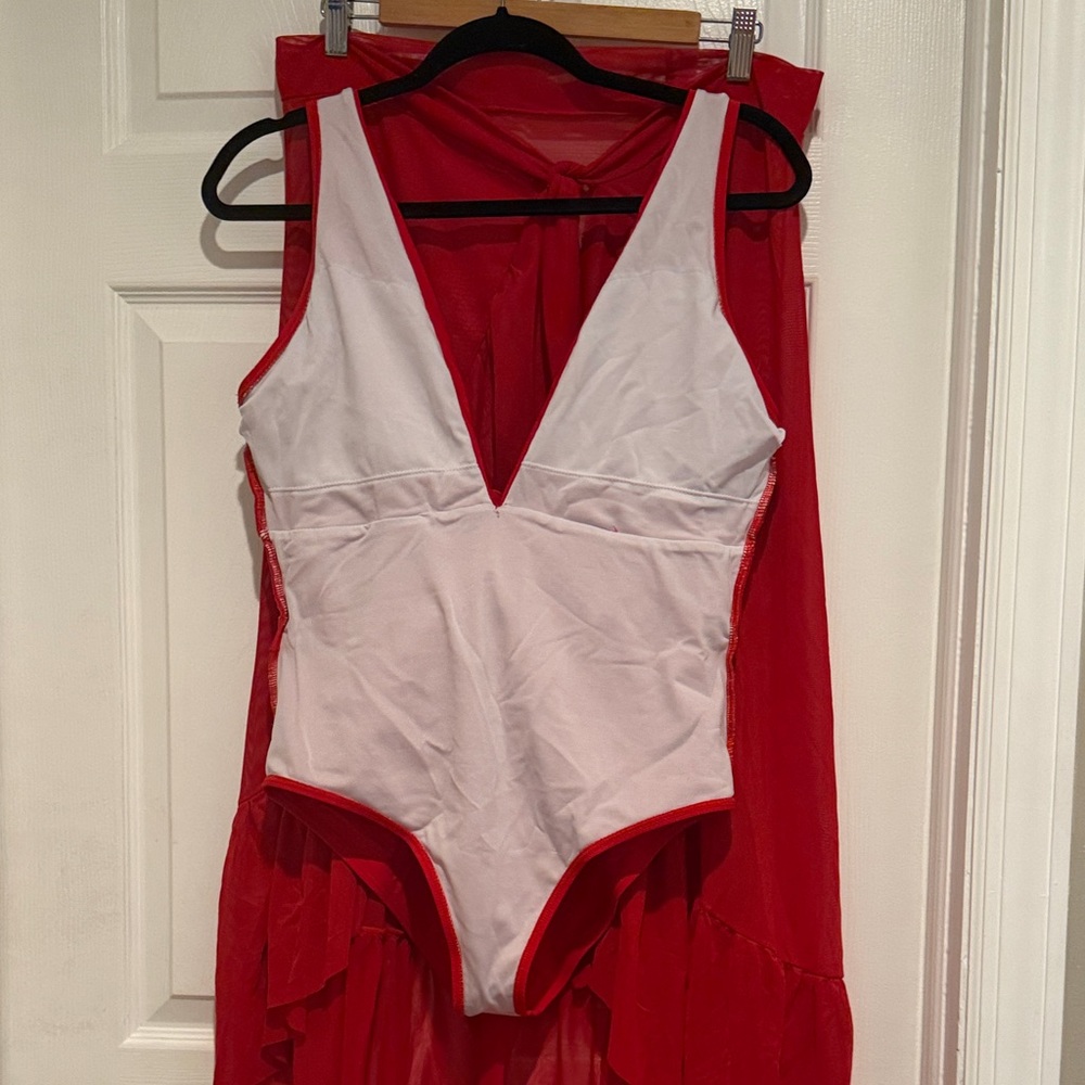 Red Floral Accent Plunge One-Piece Swimsuit & Matching Maxi Skirt Set - Picture 14 of 15